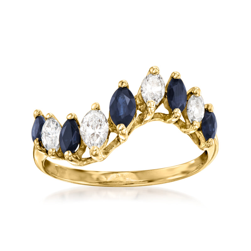 14kt yellow gold wave ring with oval white stones and navy oval sapphires