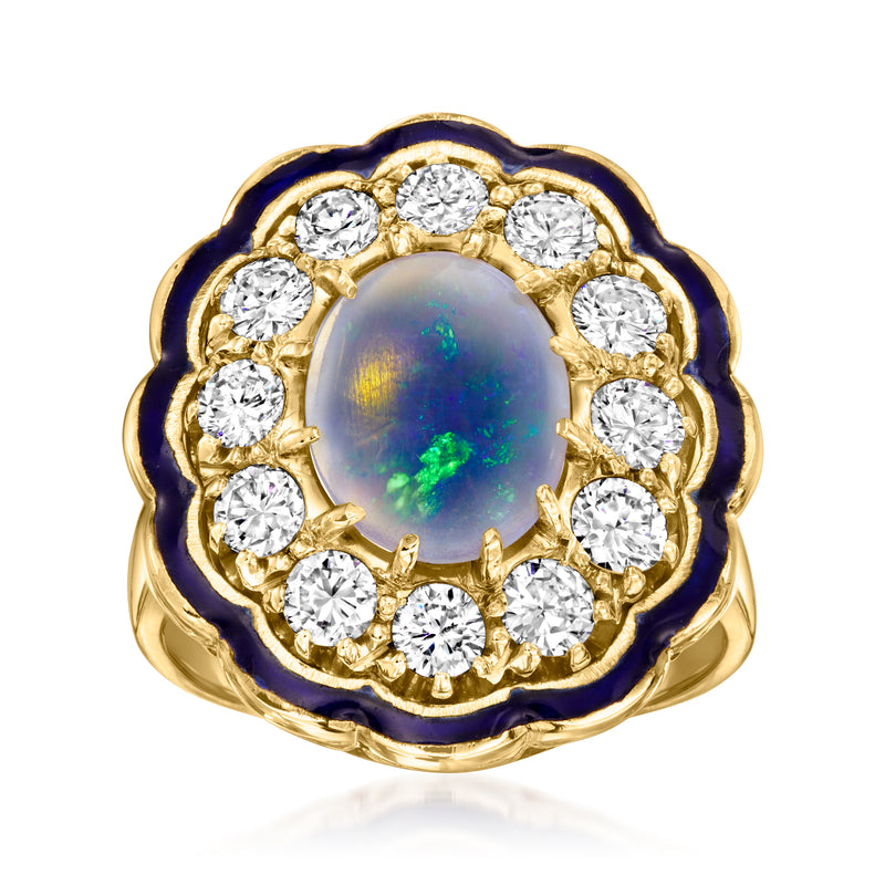 14kt yellow gold ring with oval opal center, diamond halo, dark enamel border