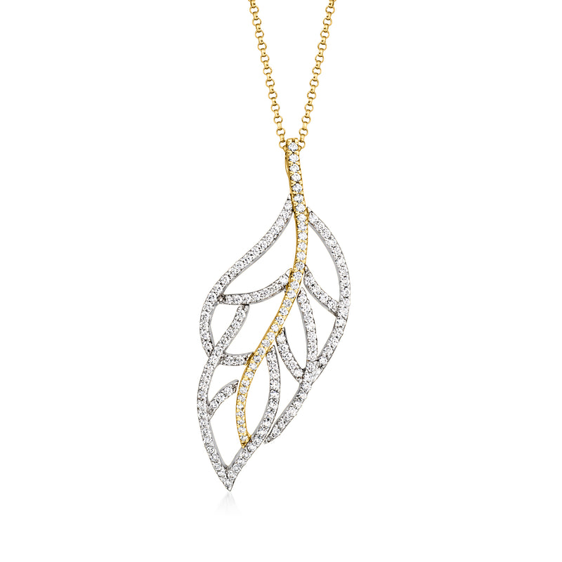 Two-tone gold diamond leaf pendant necklace with interlaced leaf design
