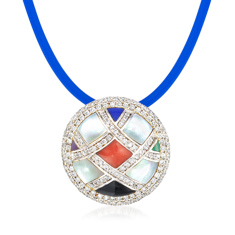 Round multicolor gemstone and diamond-accent pendant on blue silicone cord necklace