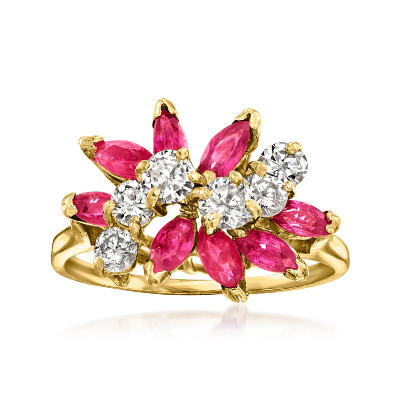 14kt yellow gold wave ring with ruby and diamond cluster