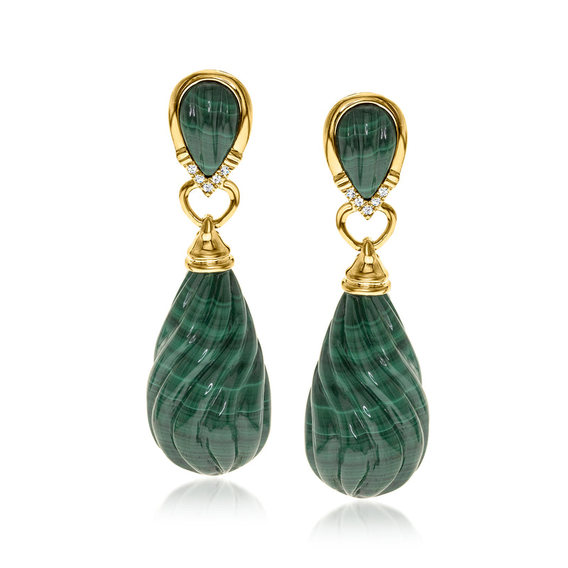 14kt yellow gold malachite drop earrings with diamond accents