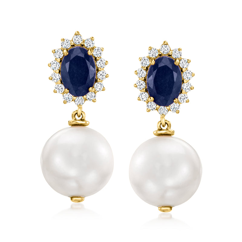 14kt yellow gold drop earrings with dark blue sapphire, diamond halo, white pearl drops