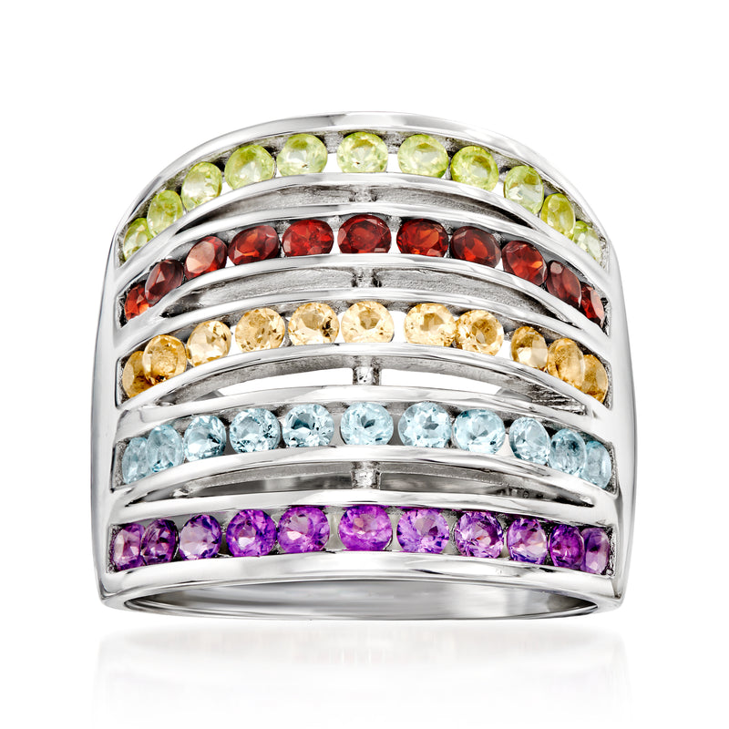 Sterling silver multi-gemstone band ring with green, red, yellow, blue, and purple stones