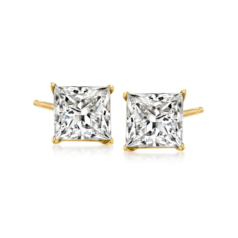 Princess-cut diamond stud earrings in 14kt yellow gold, square clear stones with gold prongs
