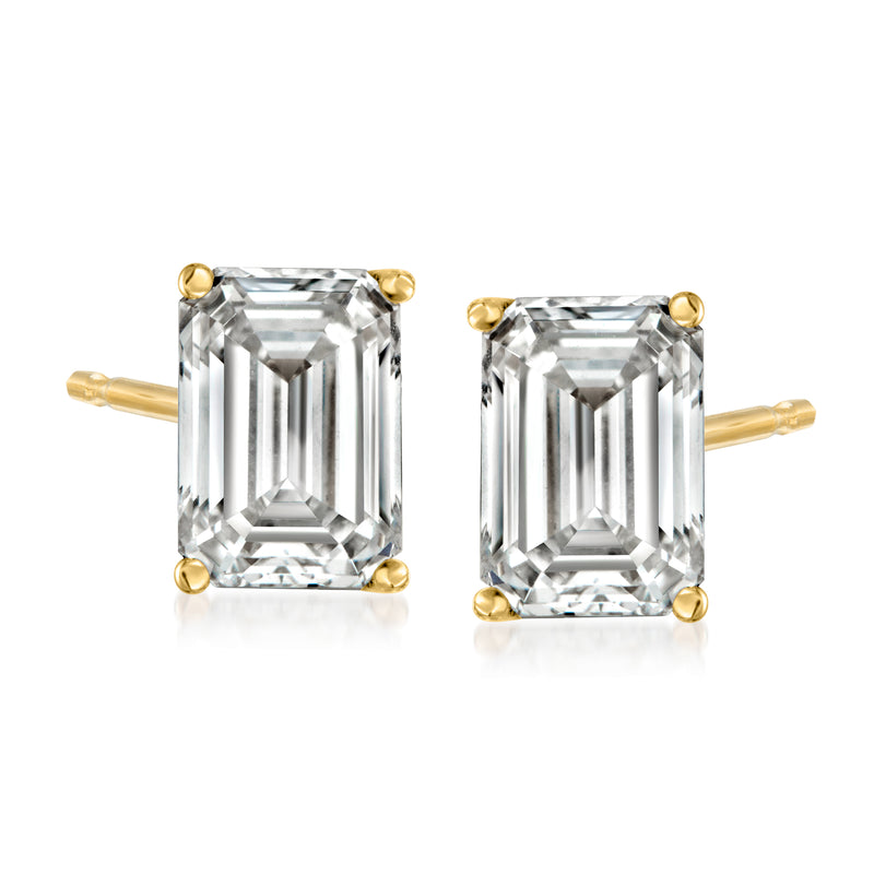 Emerald-cut diamond stud earrings in 14kt yellow gold with clear square stones