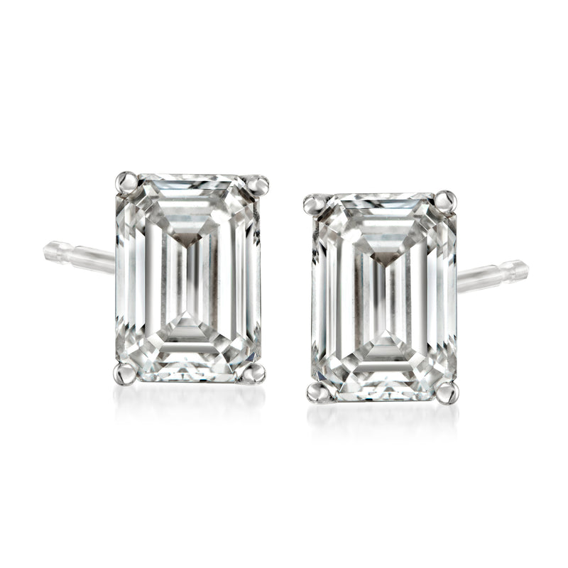 Emerald-cut diamond stud earrings in 14kt white gold, rectangular stone with four prongs