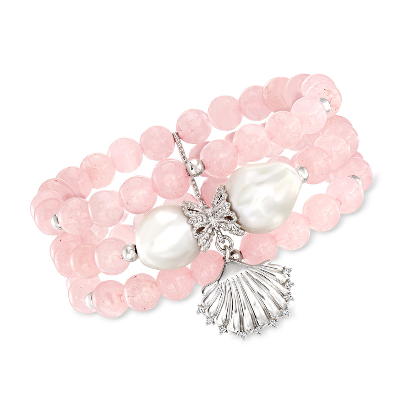 Rose quartz and baroque pearl stretch bracelet with sterling silver tassel charms