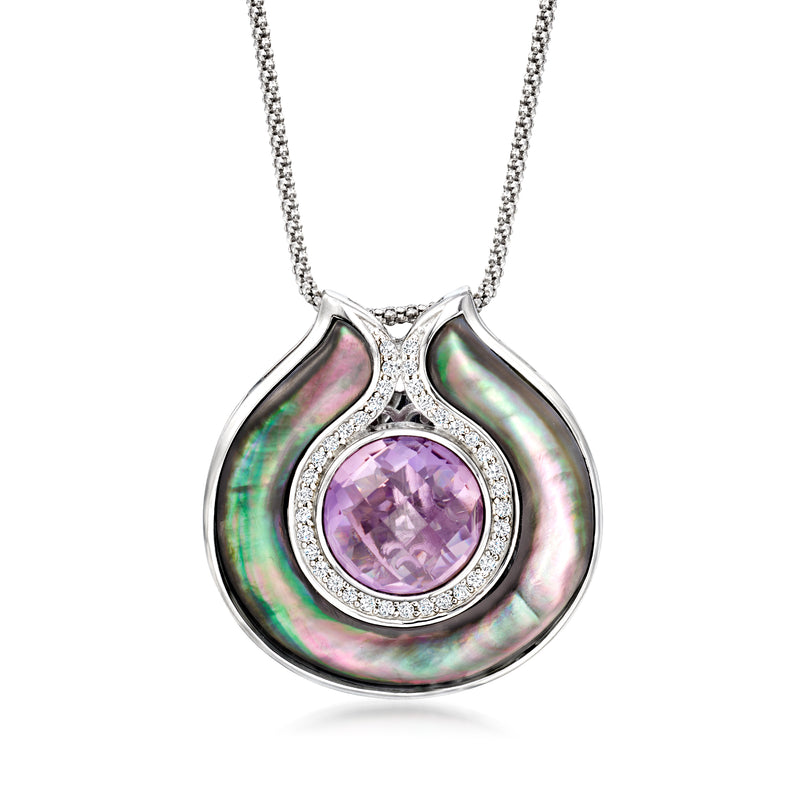 Sterling silver pendant with iridescent mother-of-pearl and oval amethyst zircon halo