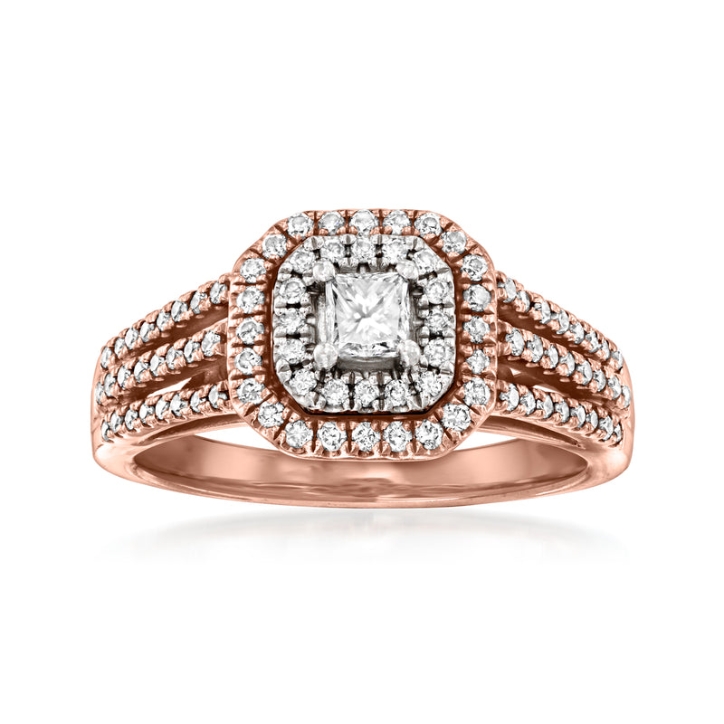 Vintage 14kt rose gold diamond ring with square halo and three-row pavé band