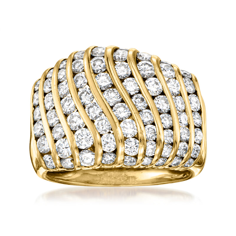 18k yellow gold striped diamond ring with raised gold rails and round-cut stones