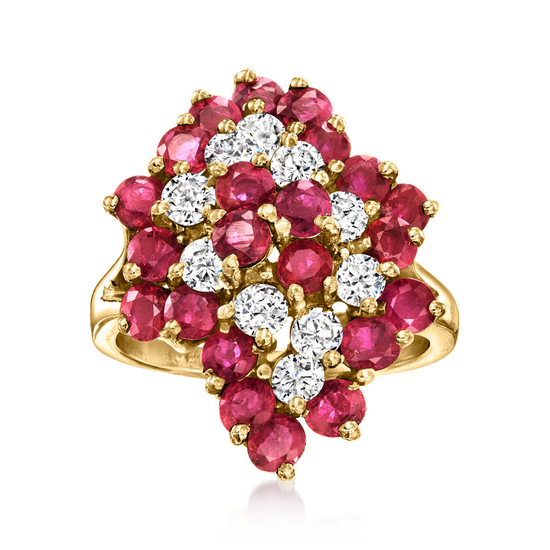 14kt yellow gold ruby and diamond cluster ring with round gemstones