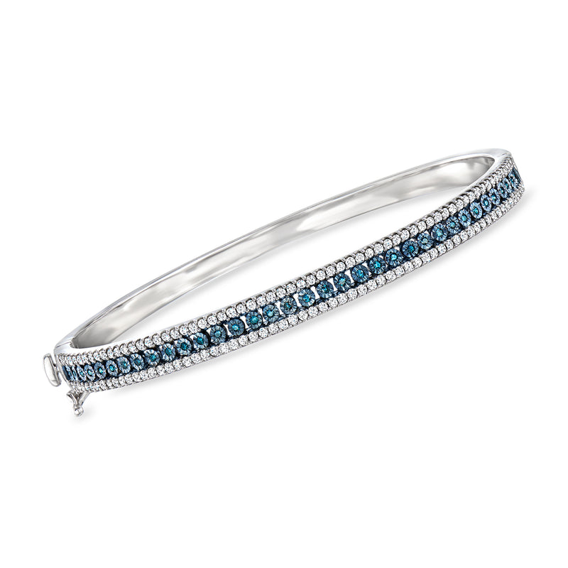 Sterling silver diamond bangle bracelet with blue and white stone rows