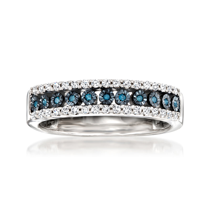 Sterling silver three-row diamond and blue gemstone band ring