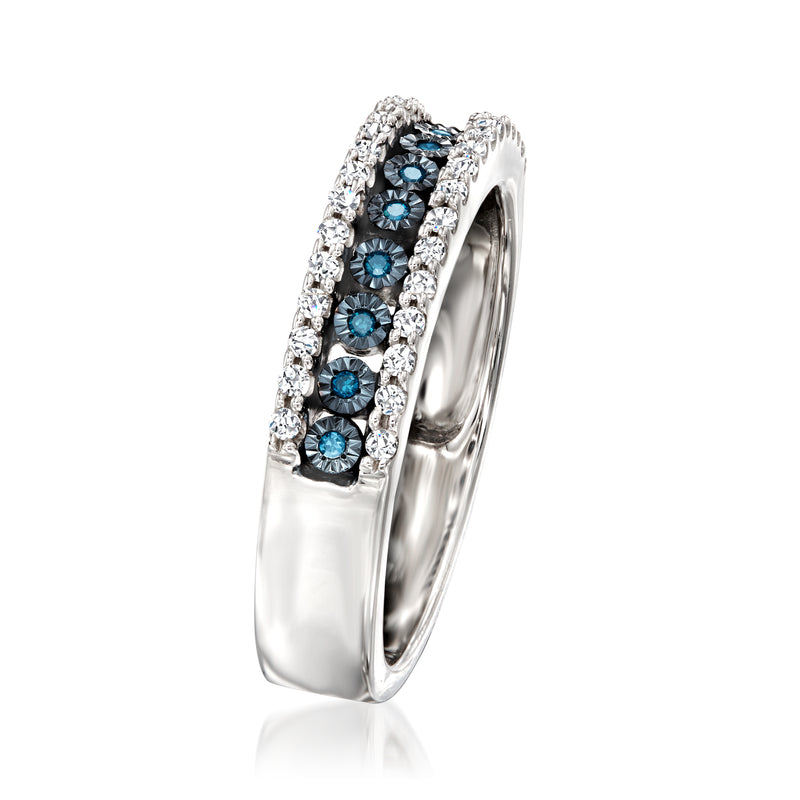 Sterling silver three-row blue and white gemstone band ring, side view