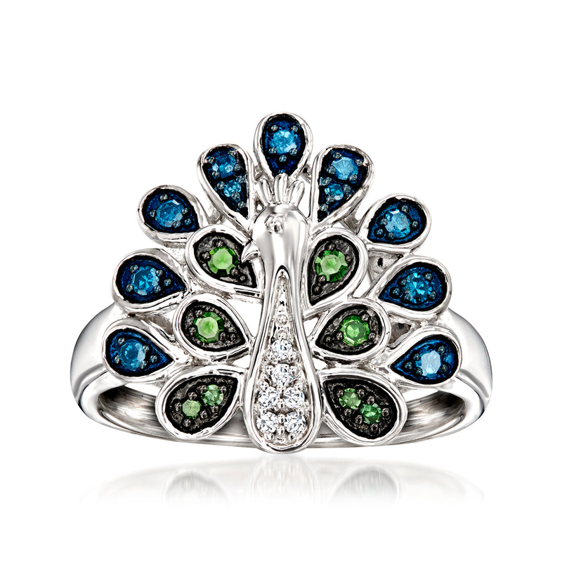 Sterling silver peacock-style diamond ring with blue and green gemstones