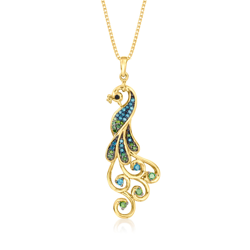 Gold over sterling peacock pendant necklace with multicolored blue and green stones