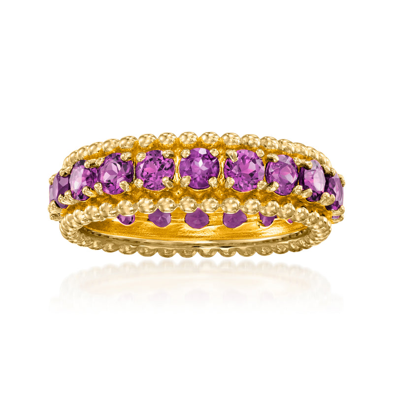 Amethyst eternity band in gold over sterling with purple gemstones across top