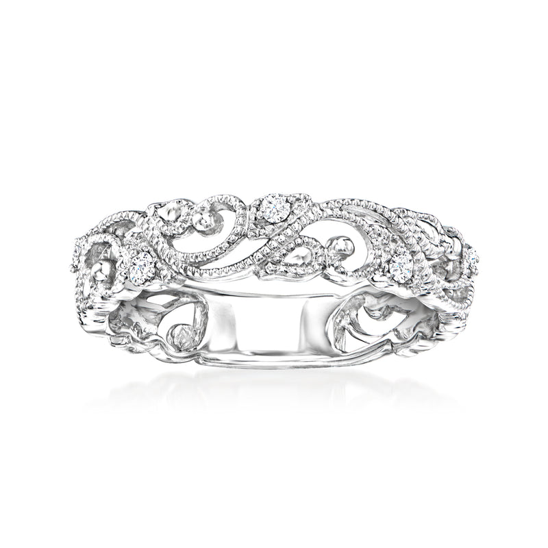 Sterling silver openwork filigree diamond ring with round bezel-set stones