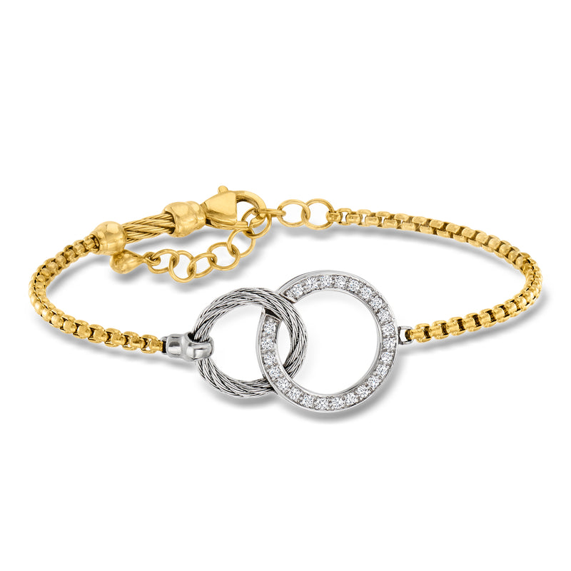 Two-circle diamond bracelet with yellow-gold and silver-tone double rings