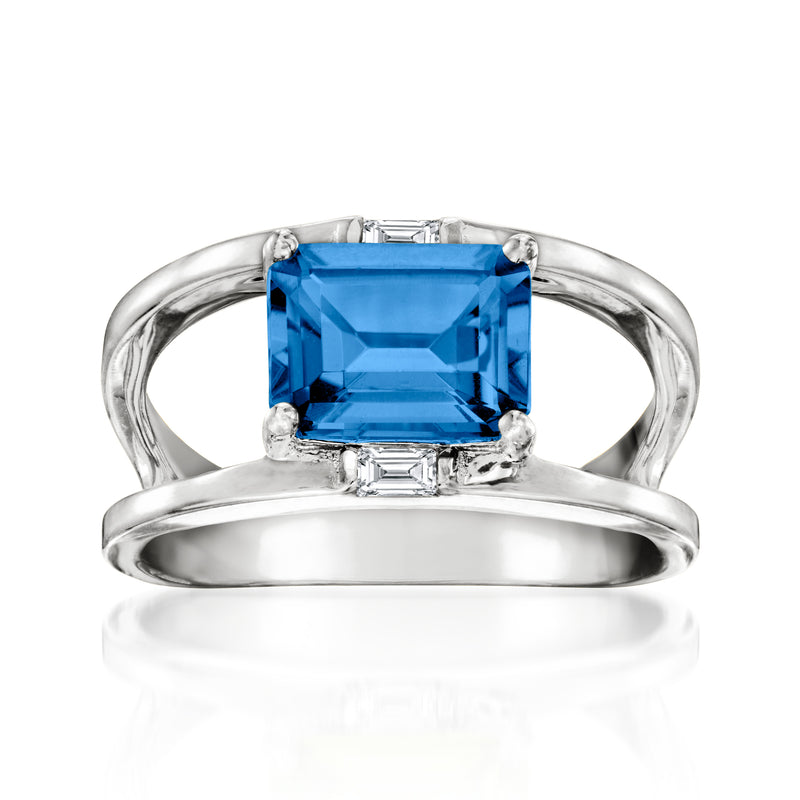 Sterling silver open-space ring with large London blue topaz and small white topaz accents