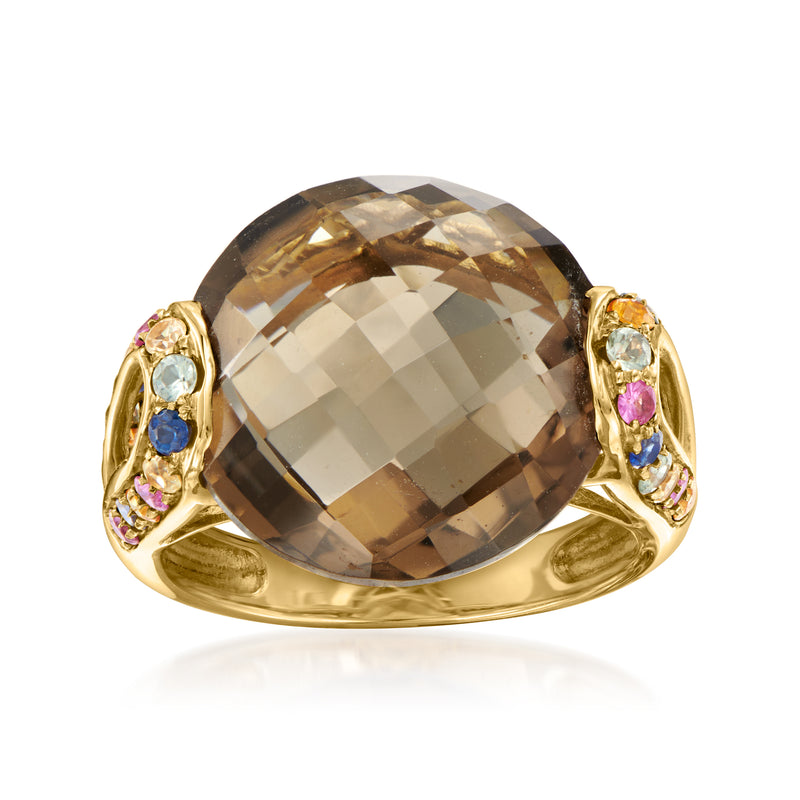 Gold ring with large smoky quartz center and multicolored sapphire clusters at sides