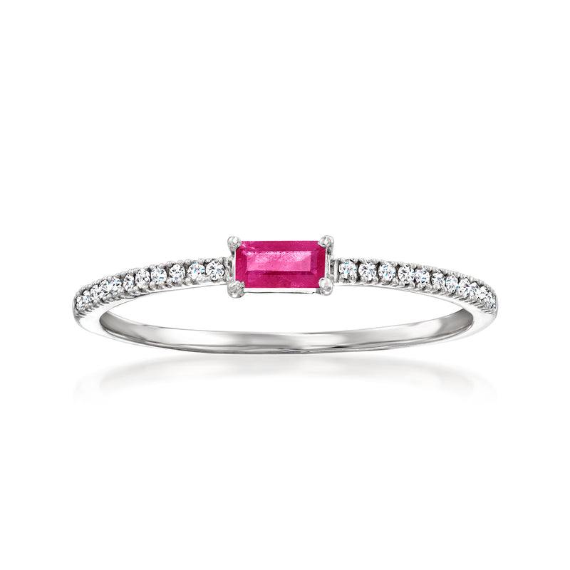 14kt white gold ring with pink rectangular ruby center and diamond side accents