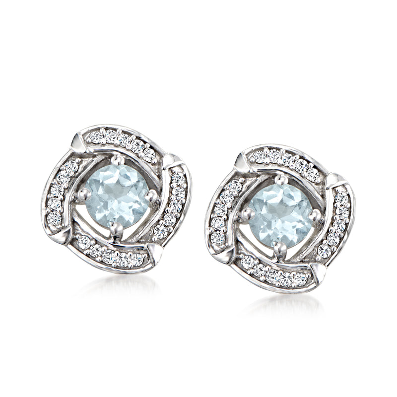 Aquamarine and diamond halo stud earrings in 14kt white gold, round center stones