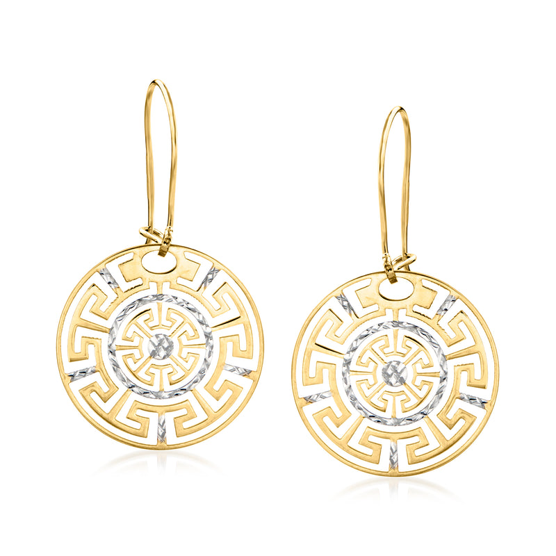 Two-tone gold Greek key circle drop earrings with round white-inset motif, earwires