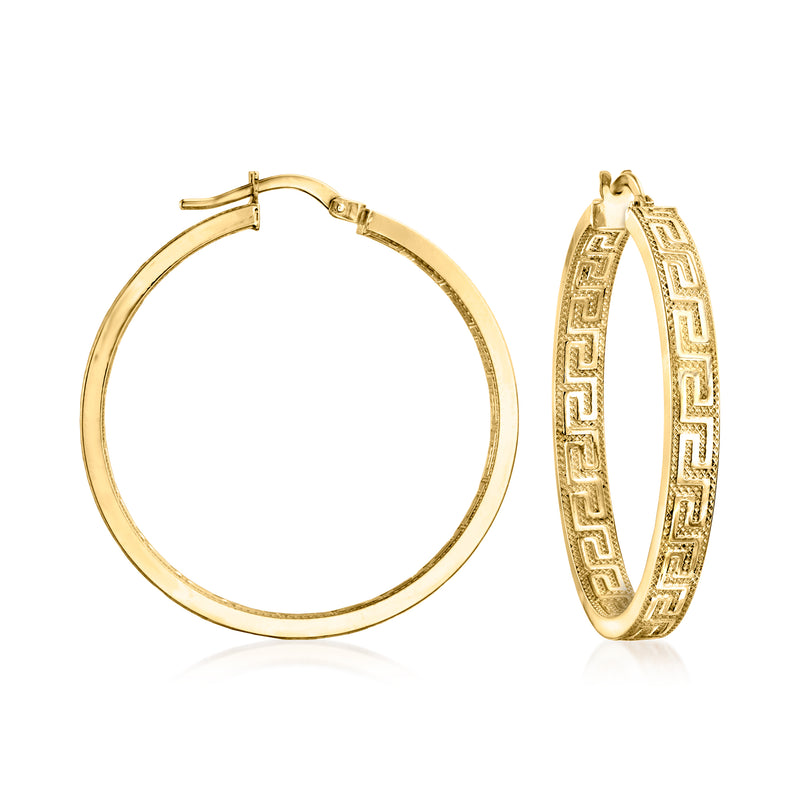 14kt yellow gold hoop earrings with Greek key pattern, hinged clasp, polished finish