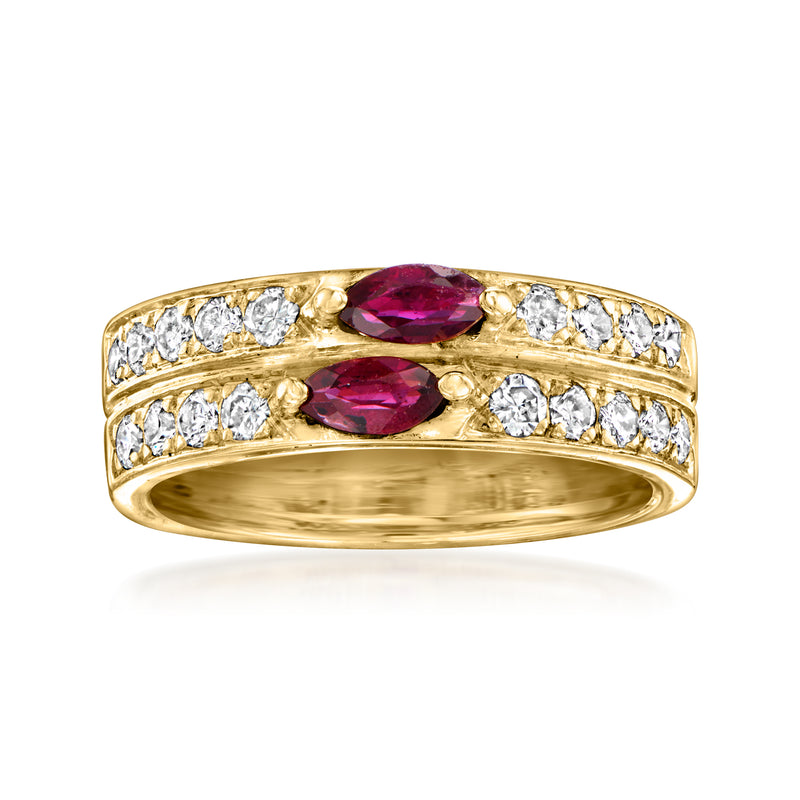 18kt yellow gold two-row ring with oval ruby center stones and diamond accents
