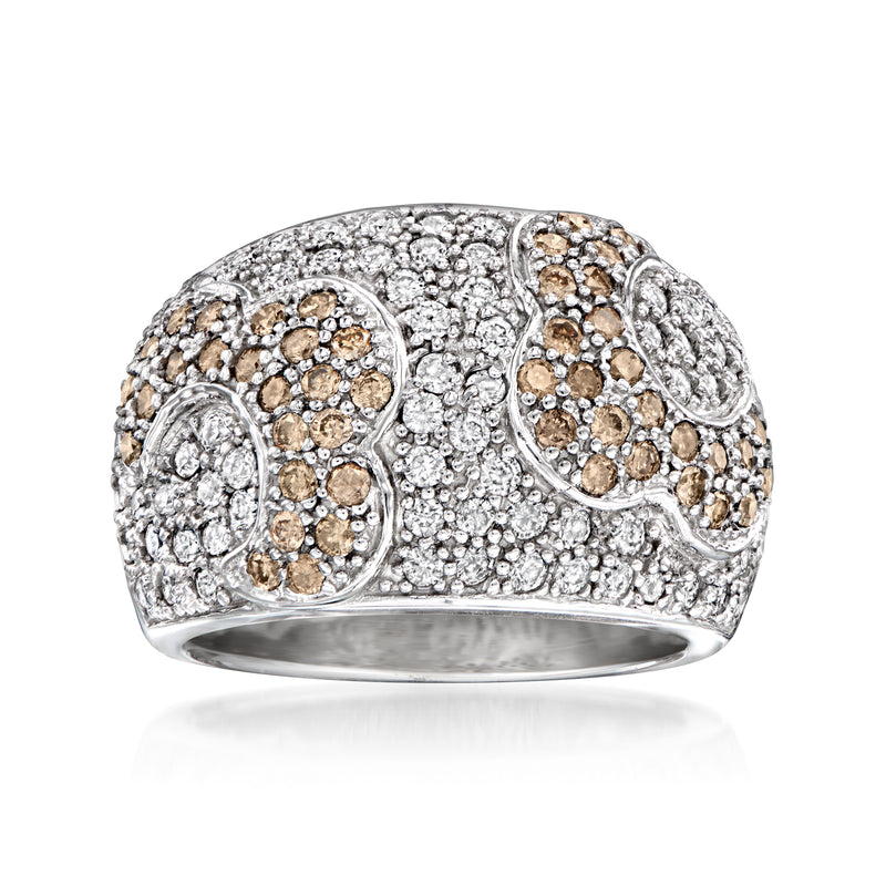 14kt white gold diamond floral cluster ring with white and brown stones, domed top.