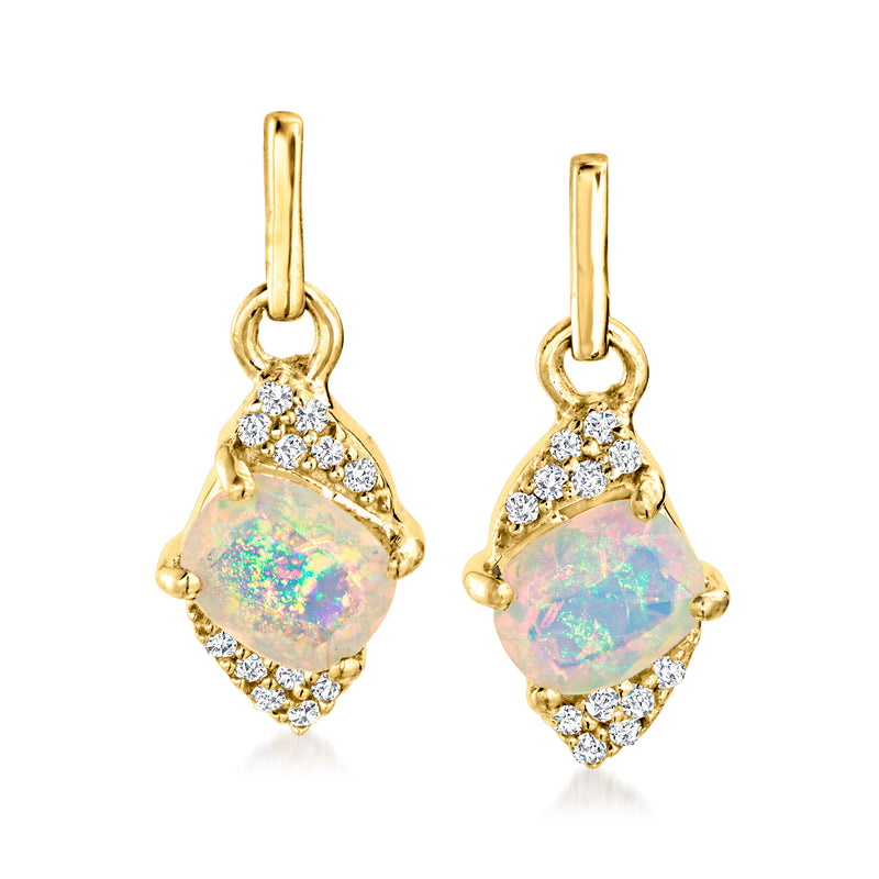 Opal drop earrings in 14kt yellow gold with oval opal and diamond accents