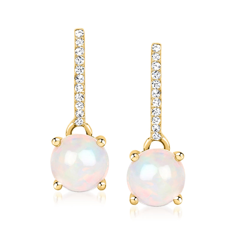 14kt yellow gold drop earrings with round opal and diamond-studded hanging accents
