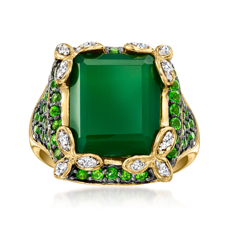 Green chalcedony ring in 18kt gold over sterling with emerald green halo and sparkle stones