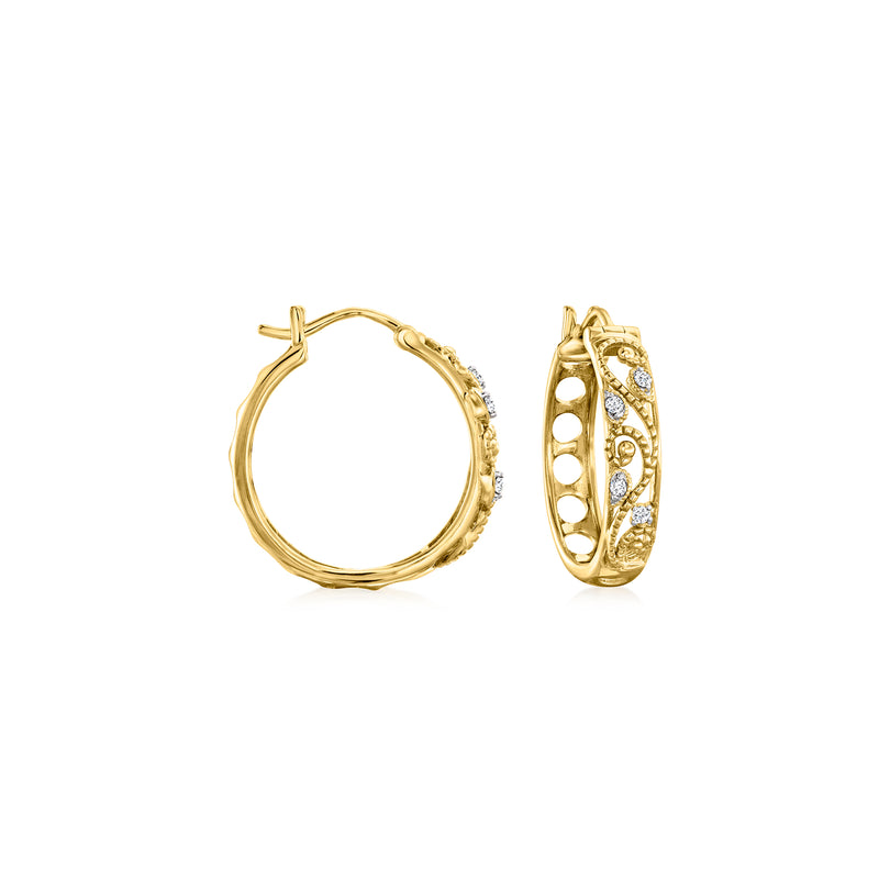 18kt gold over sterling hoop earrings with openwork filigree and small diamond accents