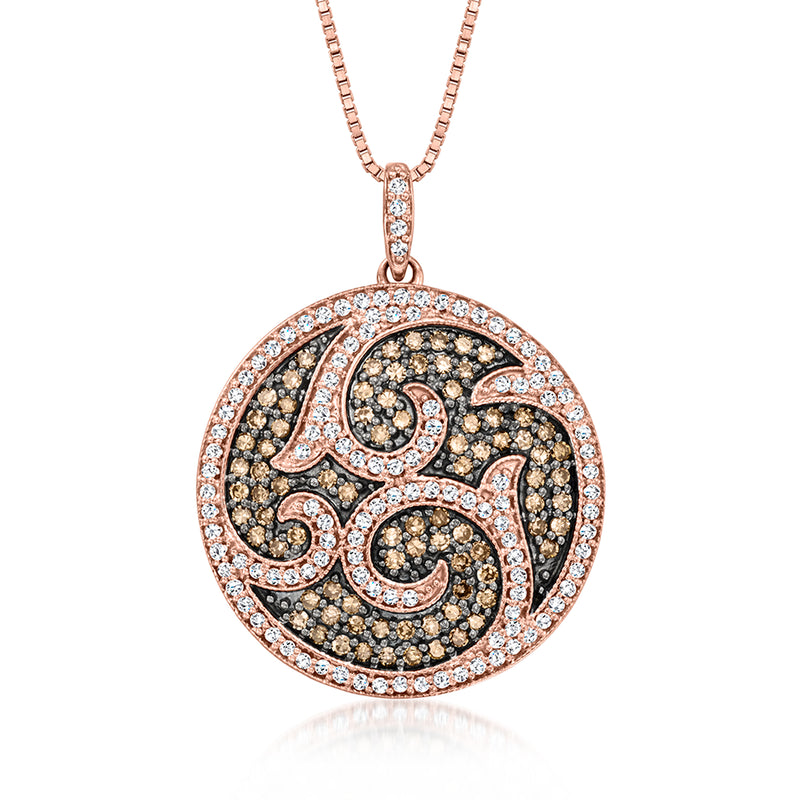 Round diamond medallion pendant necklace, rose gold over sterling, brown and white stones