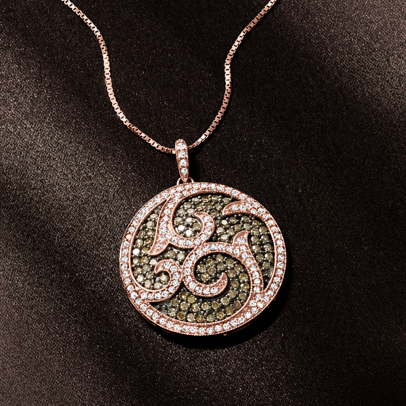 Round diamond medallion pendant necklace in rose gold over sterling with detailed swirl design