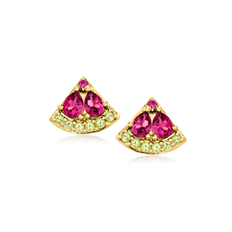 Watermelon-style 14kt gold stud earrings with pink rhodolite center and green peridot border
