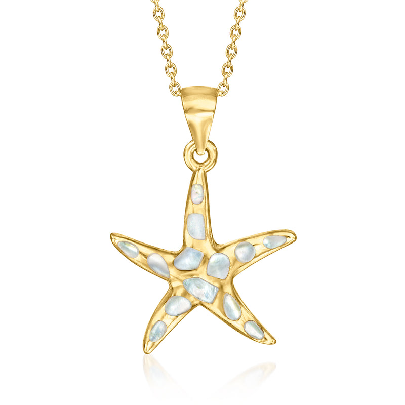Gold starfish pendant necklace with mother-of-pearl inlaid shell details