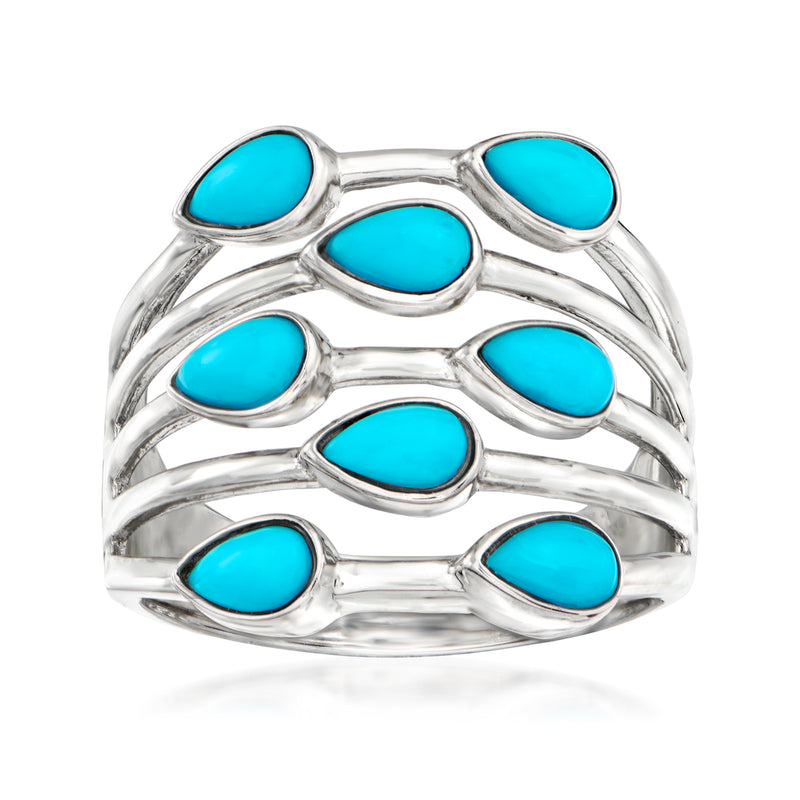 Sterling silver ring with turquoise oval stones, multi-row open band.