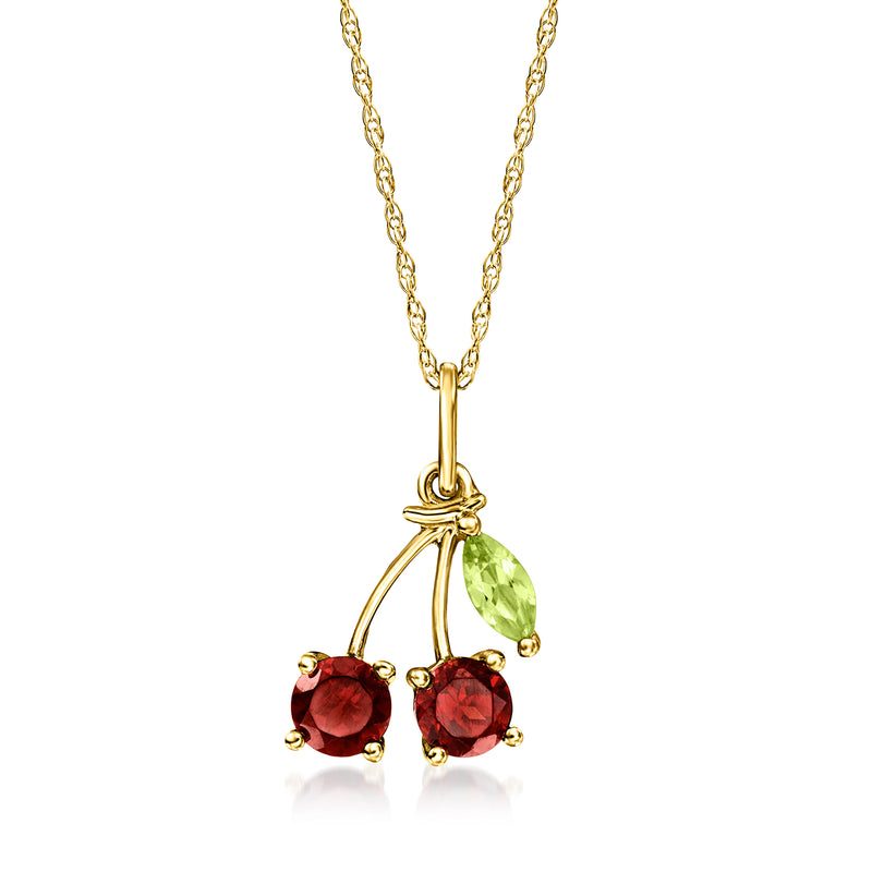 14kt yellow gold pendant necklace with red garnet cherries and green peridot