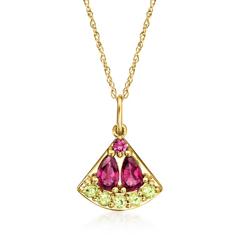 14kt yellow gold watermelon pendant necklace with pink rhodolite and green peridot stones