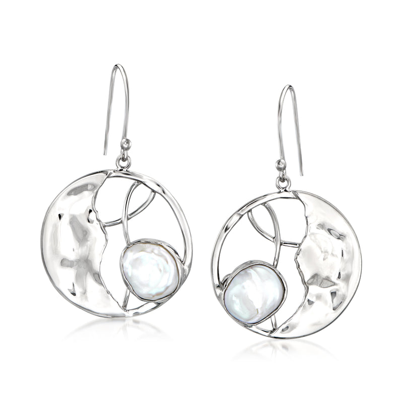 Sterling silver round drop earrings with cultured keshi pearl and dangling hoop frame