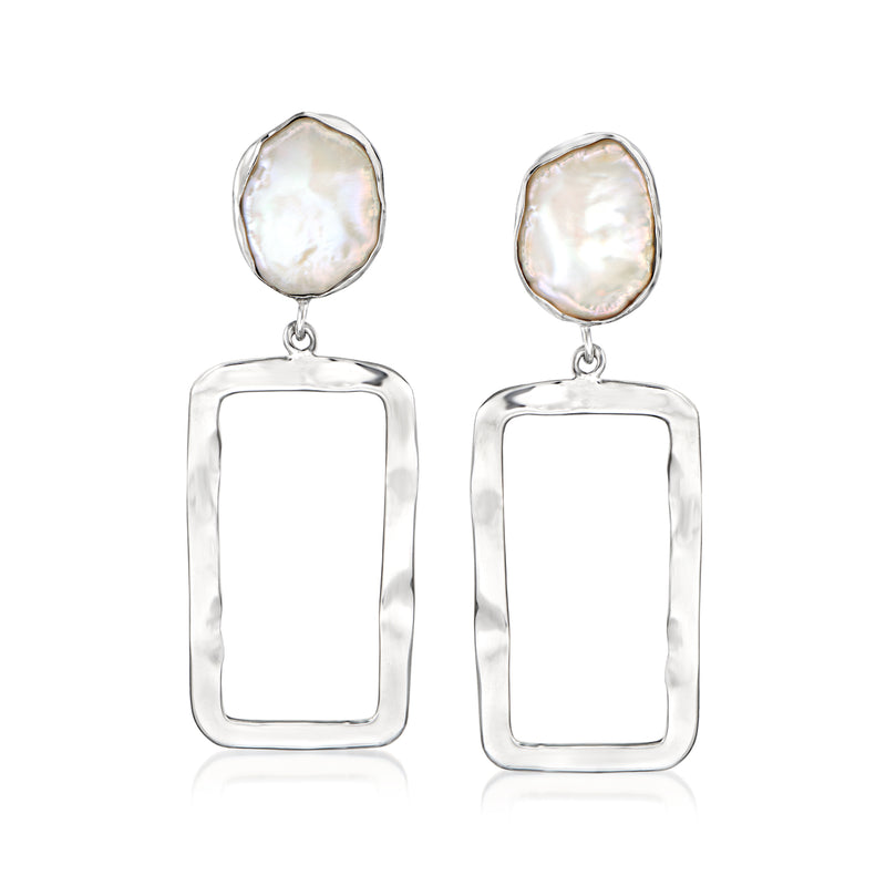 Sterling silver drop earrings with rectangular frames and white keshi pearl tops
