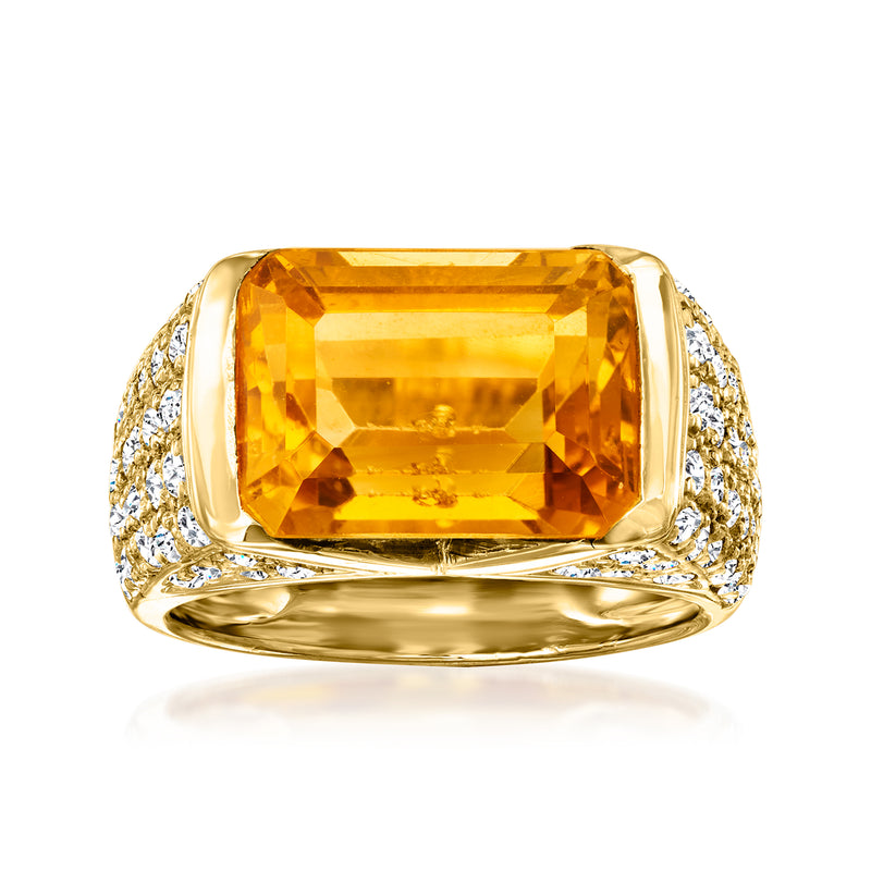 Vintage citrine and diamond ring in yellow gold with rectangular citrine center stone