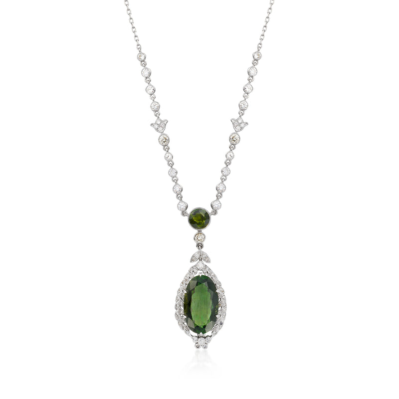 18k white gold necklace with green tourmaline pendant and diamond accents