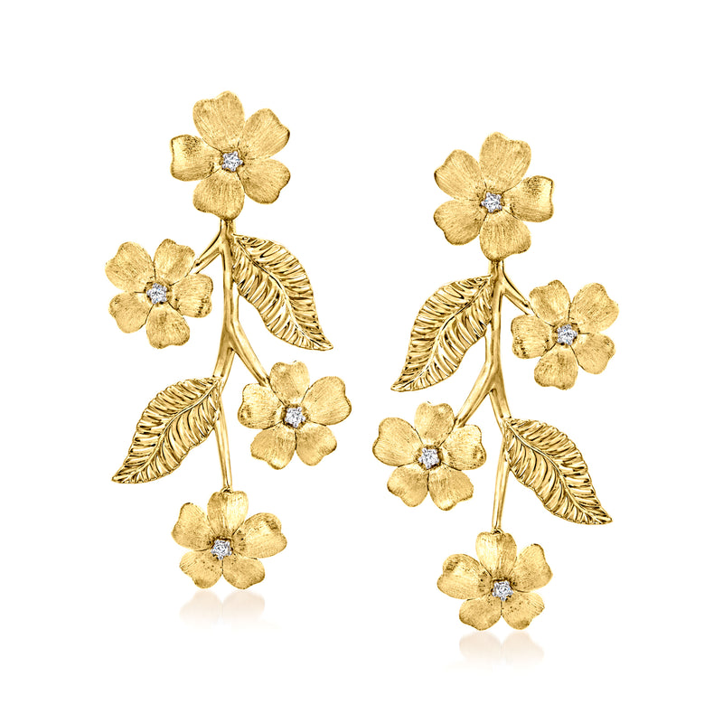 Gold-tone flower vine drop earrings with small round crystal accents and dangling leaves