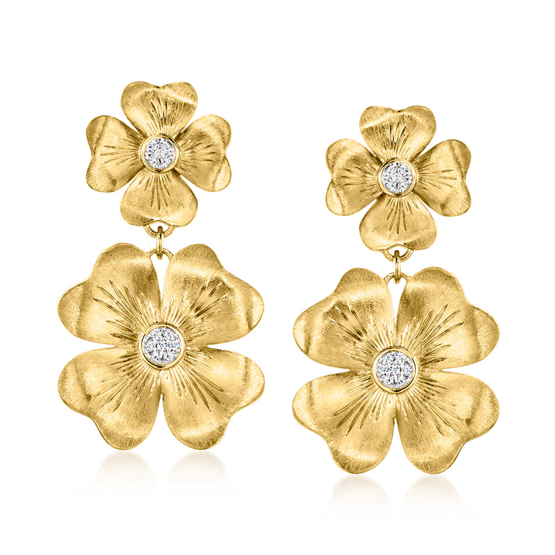 Gold flower double-drop earrings with round diamond-like stones