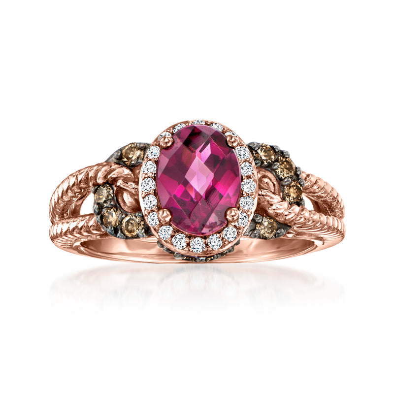 Le Vian twisted ring in rose gold with oval raspberry pink gemstone and diamond halo